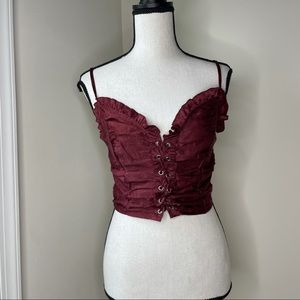 Shein Maroon Lace Up Front Shirred Cami Top